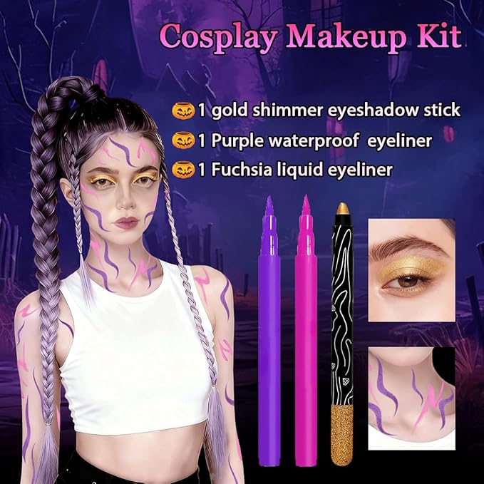 Mysense Makeup Kit,Halloween Face Cosplay Accessories for Women and Kids,Purple Waterproof Eyeliner+Fuchsia Liquid Eyeliner+Gold Shimmer Eyeshadow Stick