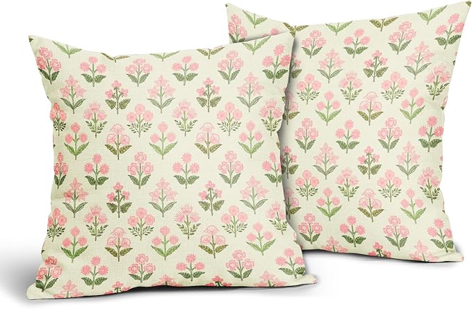 Pink Green Block Print Pillow Covers 18x18 Inch Set of 2 Vintage Floral Decorative Pillow Cases Boho Outdoor Linen Square Cushion Cover Rustic Farmhouse Decor for Bedroom Home Sofa Couch Bed