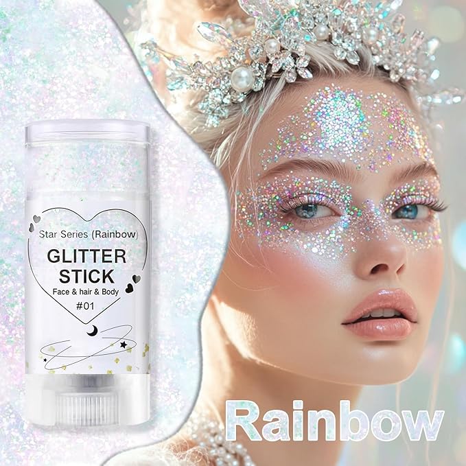Sparkling Rainbow Body Glitter Stick, Holographic Hair Glitter, Waterproof Face Hair and Body Glitter Makeup, Shimmer Face Glitter Makeup for Kids and Women