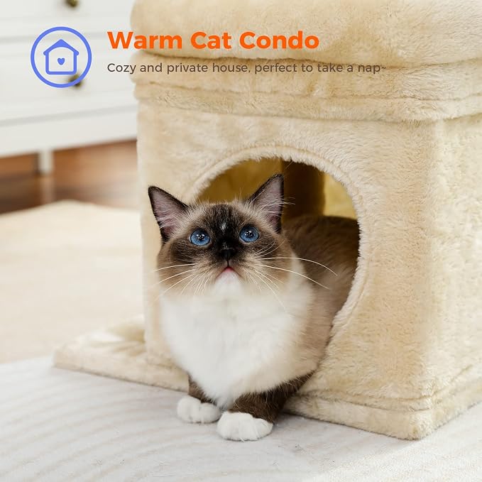 PEQULTI Indoor Cat Tree Tower Small Cats, Sisal Post & Cozy Condo, Beige | Private soft cat condo, soft top perch, natural sisal scratch posts, plush pom-pom toy for indoor kitties
