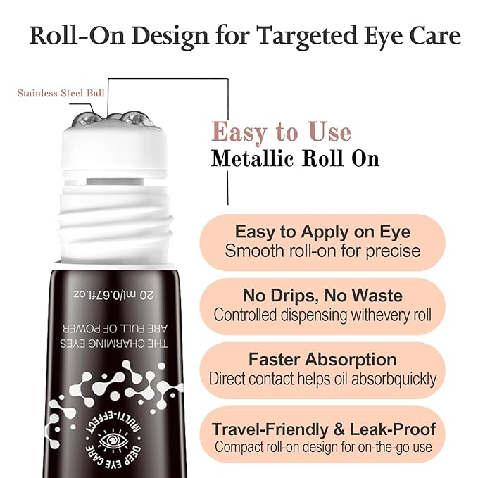 3Pcs Caffeine Eye Cream, 5 in 1 with Blue Copper Peptide, 360° Massage Roller Ball Eyes Serum, Anti Aging for Reduce Wrinkles, Puffiness and Bags Under Eyes, Moisturizes for All Skin, 0.67oz*3