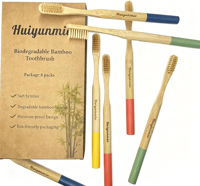 Huiyunmio 8 Pack Bamboo Toothbrushes - Soft Bristles, BPA Free, Eco-Friendly Natural Wooden Toothbrushes for Adults & Family, Zero Waste Compostable Handle