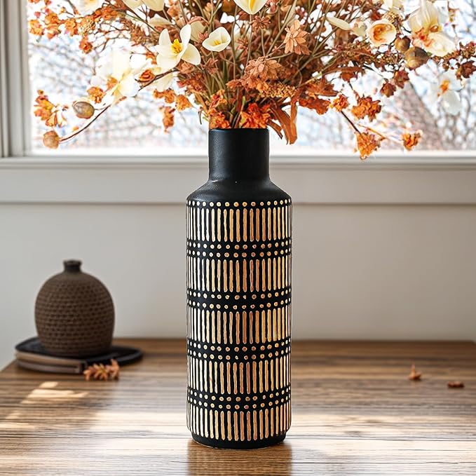 Rustic Ceramic Vase for Living Room Bedroom 11.02'' Black Flower Vase for Bouquet Fake Plant Home Decor Office Table Shelf Fireplace Centerpieces Antique Retro Vintage Classic Modern