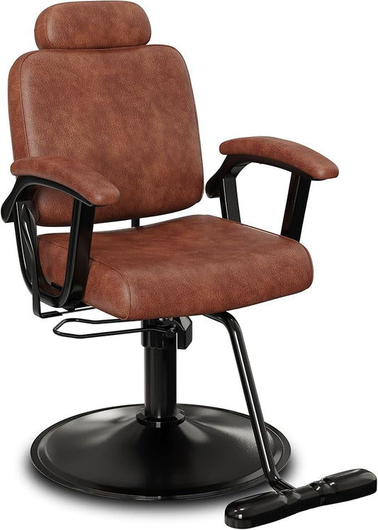 Baasha Premium Brown Reclining Salon Chair with Removable Headrest, All-Purpose Hydraulic Barber Chair, Soft PU Leather, 360° Swivel, 135° Recline, Heavy-Duty Steel Frame, 330 lbs Capacity