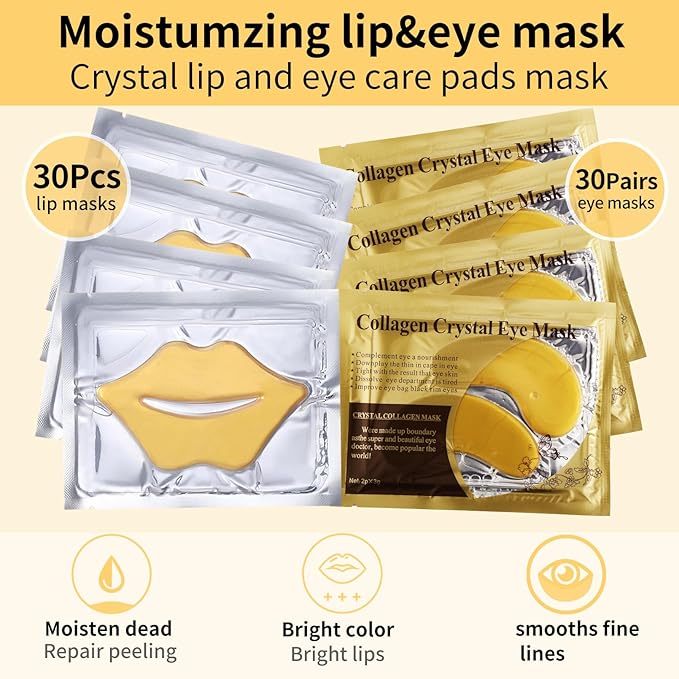 60 Pcs Moisturizing Lip & Eye Masks,Gold Lip Masks,Gold Under Eye Patches for Puffy Eyes and Dark Circles,Collagen Lips Mask Sheet, Skincare for Dry Lips,Reducing Fine Lines