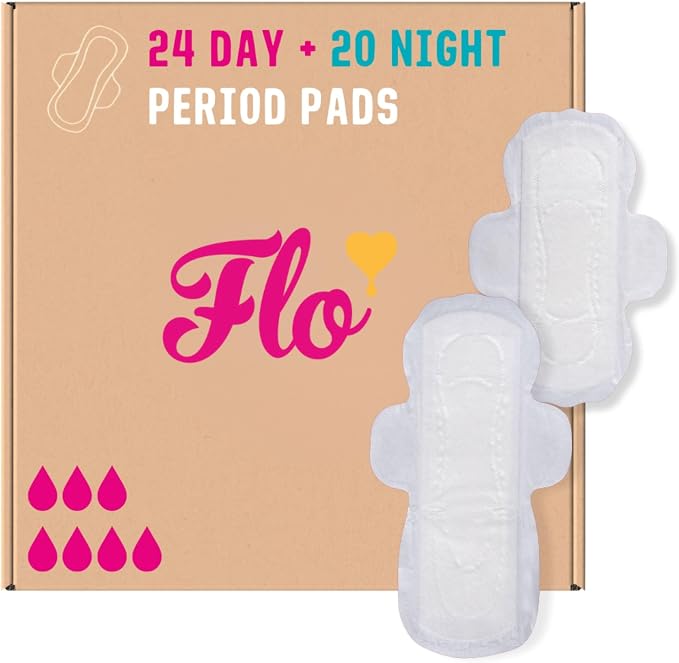 Flo - Day + Night Menstrual Pads (24 Day + 20 Night) - Organic Bamboo Period Pads for Women - Winged, Ultra-Thin - Absorbent, Soft & Breathable - Plant Based – Vegan, Cruelty Free