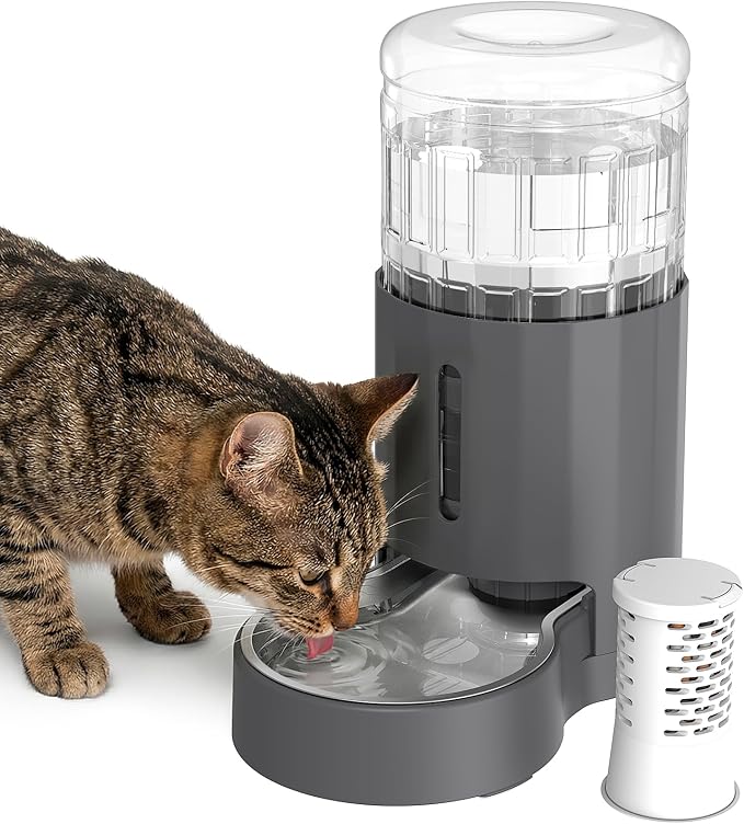 JUNSPOW Cat Water Dispenser with Filter and Stainless Steel Bowl (4L Grey) | Automatic Gravity Water Dispenser for Cats or Small Medium Size Dogs, Large Capacity, Easy to Clean