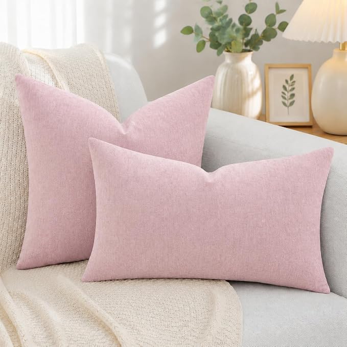 decorUhome Soft Chenille Blush Pink Throw Pillow Covers 12X20 Set of 2 | Decorative Fall Couch Pillow Covers Solid Dyed Accent Modern Farmhouse Neutral Rectangle Pillow Cases for Sofa