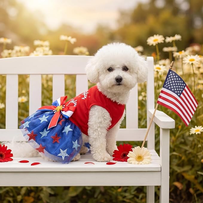 4th of July Pet Clothes for Small Dogs, 250th Independence Day Dog Seersucker Dresses Stars and Stripes Patriotic Pet Doggie Apparel Stretchable Outfit, M Size