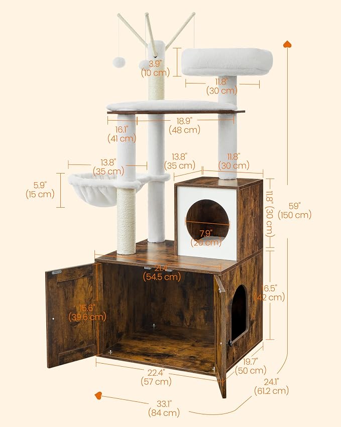 Feandrea Cat Tree with Litter Box Enclosure, 59-Inch Modern Cat Tower | 2-In-1 Condo with Scratching Posts, Washable Removable Cushion, Rustic Brown UPCT113X01