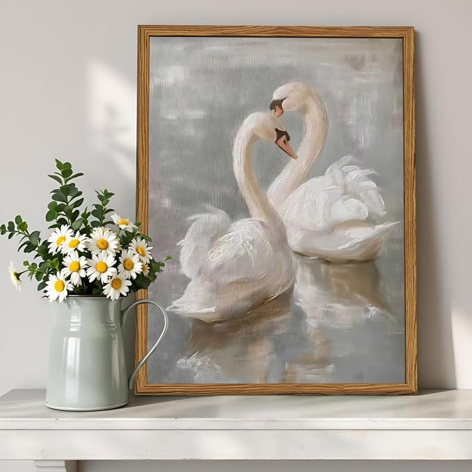 Framed Vintage Swan Canvas Wall Art, Romantic White Swan Paintings Wall Decor, Rustic Animal Pictures Prints Farmhouse Home Decor for Living Room Bedroom 16x24 inch