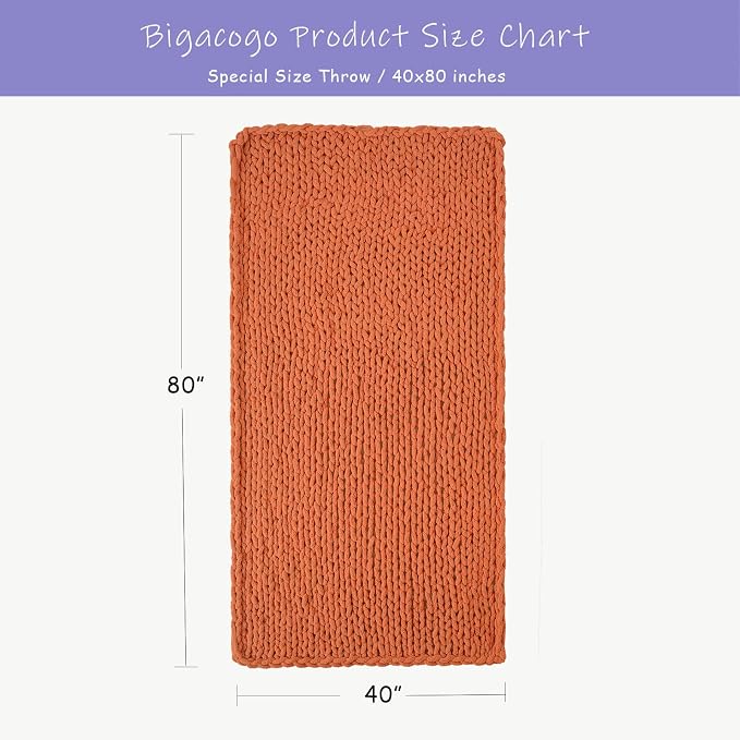 Bigacogo Chunky Knit Throw Blanket for Couch, 40x80 inches, Terracotta | Hand Knit with Jumbo Chenille, Soft Breathable Cable Knit for Sofa Bed Living Room, Machine Washable, Gift for Mom Friend