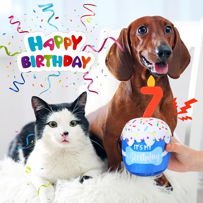 Dansydaisy Dog Birthday Cake Toy Squeaky Plush Gift,7th,Blue