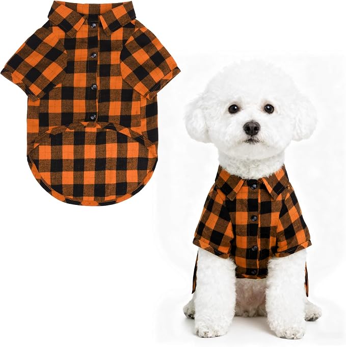 PUPTECK Classic Plaid Dog Shirt, Puppy Polo T-Shirt Clothes, Orange M | Soft Cotton Button Up Dog Clothes for Small Medium Dogs Boy Girl, Fashion Pet Tee, Chic Casual Pet Outfit Apparel