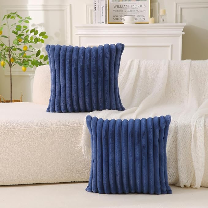 Decorative Throw Pillow with Inserts, Set of 2 Soft Faux Fur Throw Pillows, Square Boho Striped Pillow for Couch, Bed, Sofa Decor (Blue, 16" x 16"(Pack of 2))