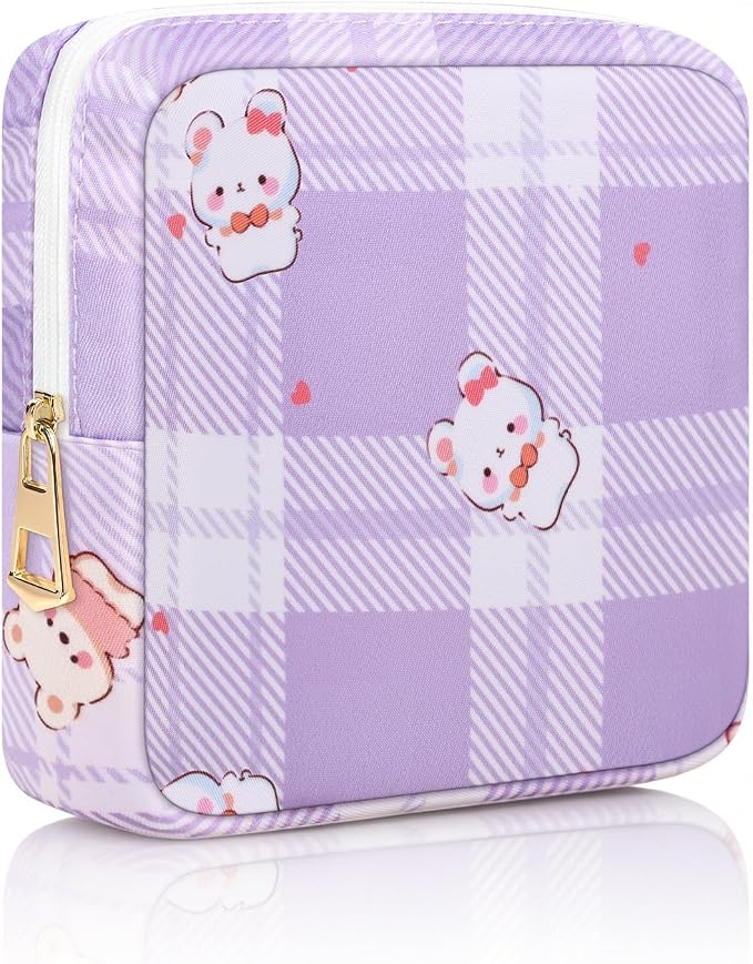 Canvas Period Pouch Discreet Sanitary Napkin Storage Bag Pad Bags | Menstrual Cup & Pad Holder, First Period Kit Storage, Feminine Bag for Women, Portable, Bear Print