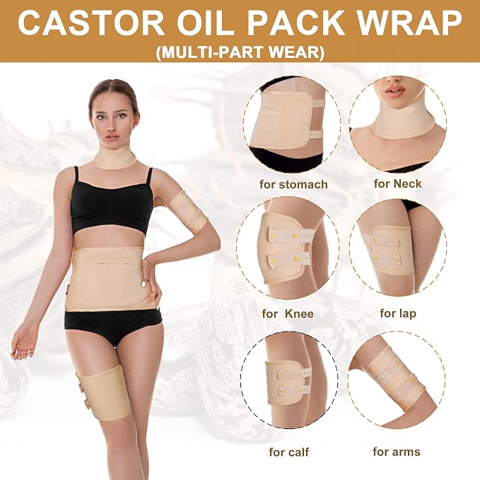 8oz Castor Oil Organic and 4pcs Reusable Castor Oil Pack Wrap Organic Cotton,for Stomach-Neck-Abdomen -Knee-Arm-Liver Detox,with Eyebrow and Eyelash Care Tool Set