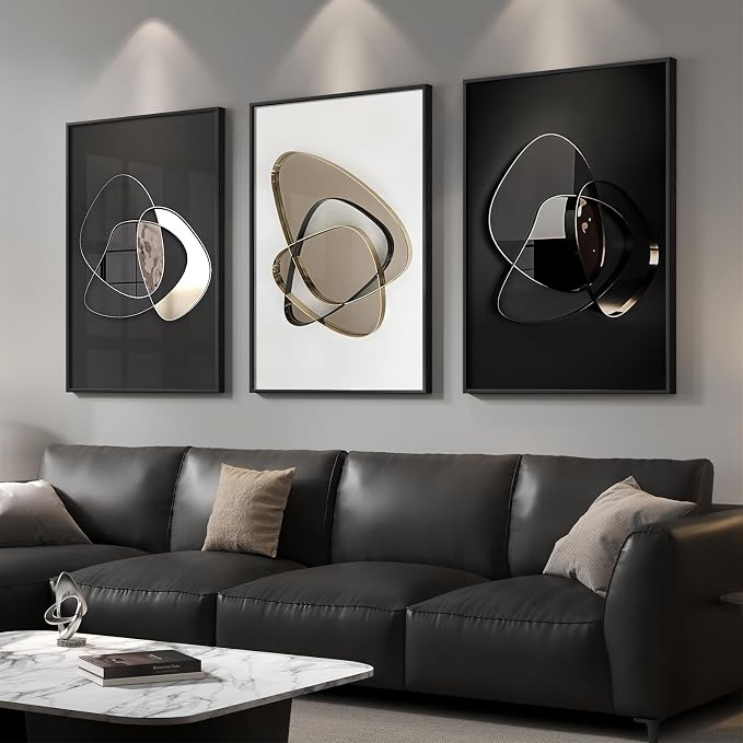 Large Framed Modern Elegant Abstract Wall Art for Living Room, 3 Piece Contemporary Luxury Metal Style Prints Paintings, Minimalist Pictures for Entryway, BeeHome, Home Office Wall Decor 24x36 In