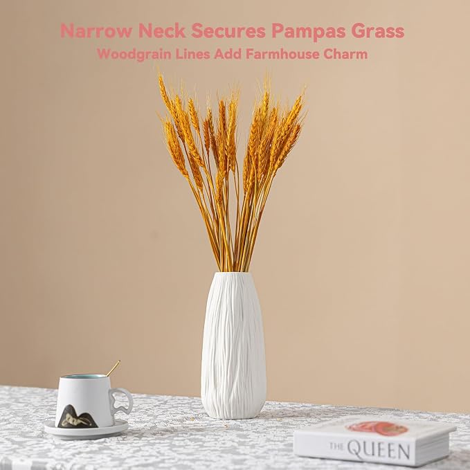 White Ceramic Vase with Woodgrain Texture & Vertical Lines - 9.3" Unique Flower Vase for Pampas Grass & Centerpieces, Farmhouse/Boho Decorative Vase for Living Room, Office Desk &Gift for Her/Yourself