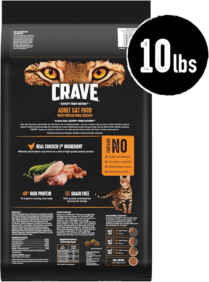 CRAVE Grain Free High Protein Natural Adult Dry Cat Food, Chicken, 10 lb | 40% protein, real chicken #1 ingredient, all natural ingredients, no by-product meal, no corn, wheat, soy, supports muscles