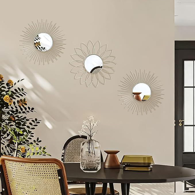 3 Pack Metal Mirrors for Wall Sunburst Wall Mirrors Home Décor Decorative Hanging Wall Art for Living Room Bedroom Entryway (Silver2, Flower+Sunburst)