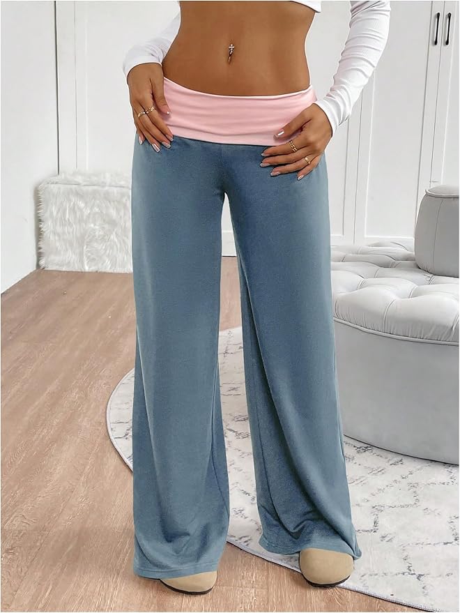 SOLY HUX Women's Sweatpants Color Block Low Rise Fold Over Waist Baggy Wide Leg Pants