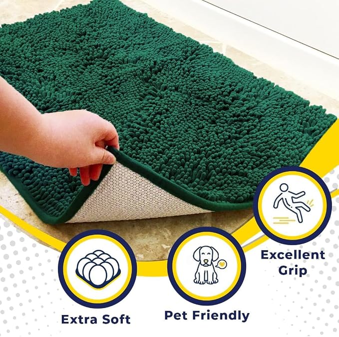 Muddy Mat® | Super Water Absorbent Door Mat Indoor, Microfiber Quick Dry Chenille Entryway Rug, Slip Resistant Front Door Mat, Indoor Mats for Entryway, Machine Washable Pet Rug, Dark Green 30" x 60"
