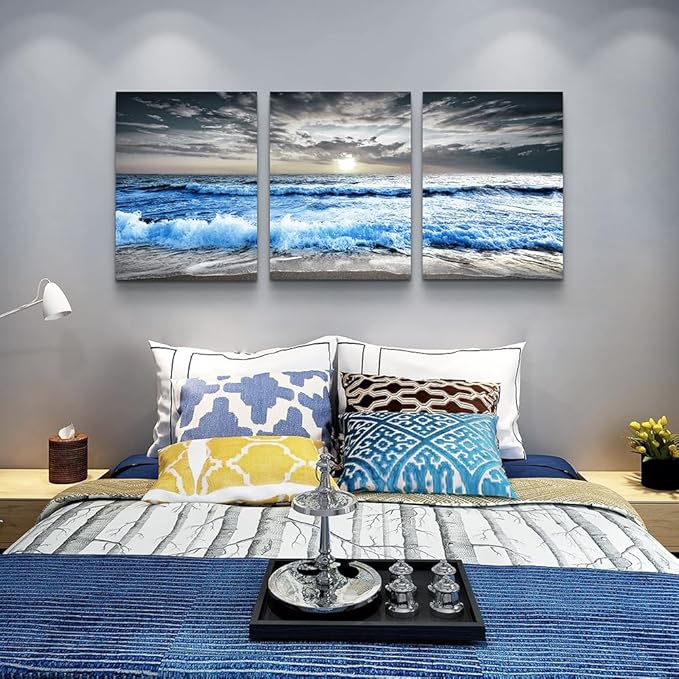 MHARTK66 3 Piece Canvas Wall Art - Blue Ocean Wave Seascape Pictures - Bedroom, Living Room, Office Wall Decor - Modern Home Decor
