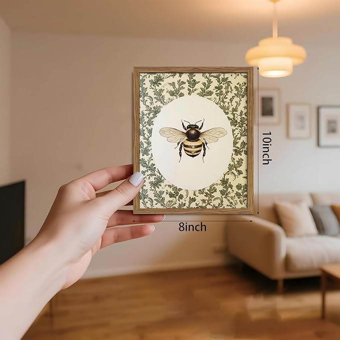 Framed Vintage Bee Wall Art, Cottagecore Floral Botanical Decor, Rustic Garden Insect Pictures Poster, Oval Bumblebee Canvas Print Wall Decor for Bedroom Living Room 8x10 inch