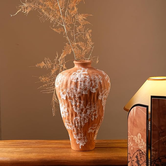 Rustic Farmhouse Terracotta Vase 11.8 inch, Handcrafted Unglazed Rough Clay Decorations with Distinct Natural Texture, Vintage Vase for Living Room Kitchen Bedroom Shelf Dining Mantel Decorations
