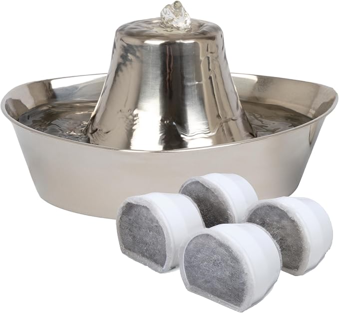 Seaside Stainless Cat & Dog Fountain with 4-Pack of Carbon Filters | 60 Oz Capacity with Extra Carbon Filters, Triple-Filter Operation, 360-Degree Flow, Rust-Resistant Stainless Steel