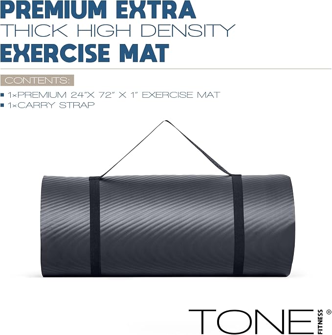 Tone Fitness 1-Inch Thick Yoga Mat | High-Density, Non-slip Exercise Mat with Carrying Strap for Yoga, Pilates, & Home Gym Workouts | Multiple Options