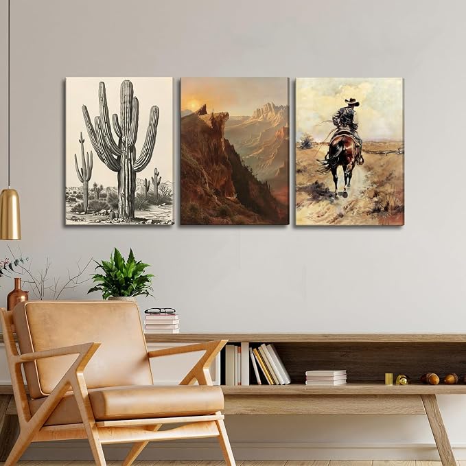 Western Cowboy Wall Art Set of 3, Vintage Southwestern Wall Decor Painting, Western Ranch Desert Farmhouse Poster Canvas Prints Aesthetic Pictures for Bathroom Bedroom Living Room Framed 12x16 inch