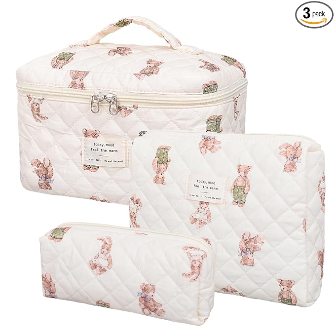 honitty Makeup Bag,Quilted Cosmetic Bag,Large Floral Make Up Bag for Women,Cotton Makeup Bag Set,Flower Travel Toiletry Bag