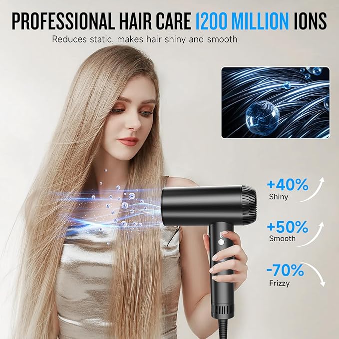 2026 Hair Dryer, 200,000 RPM Professional High Speed Blow Dryer with Diffuser for Women, 1200M Negative Ionic Hair Dryer with Brushless Motor, Low Noise Hair Blow Dryer for Home Travel Salon, Black