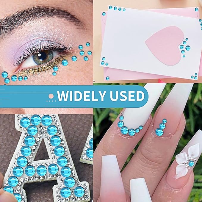 Aqua Blue Face Gems Eye Jewels Rhinestones Crystals Stickers 3/4/5/6mm with Rhinestones Stickers for Body, Stick on Jewels Makeup Glue for Face Eye Hair Nails Make up and Craft Decor 3090PCS