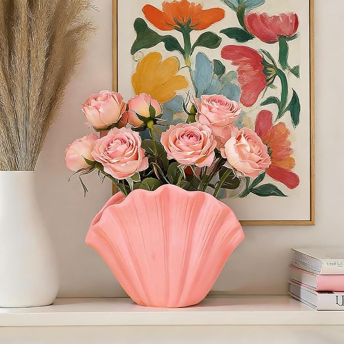 Shell-Shaped Vase for Living Room Decor, Ceramic Vases for Modern Home Decor, Unique Vase for Farmhouse Decor, Aesthetic Room Decor, Nordic Decor, Shelf Decor, Centerpiece Table Decor (Pink)