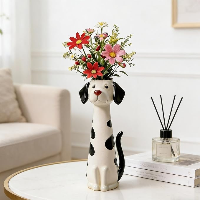 Quirky Dog Vase, Whimsical Boho Dog Flower Vase, Handcrafted Resin Decorative Dog Vases for Small Flowers, Funny Animal Resin Vases, Cute Puppy Planter for Desk Shelf, Boho Home Office Decor