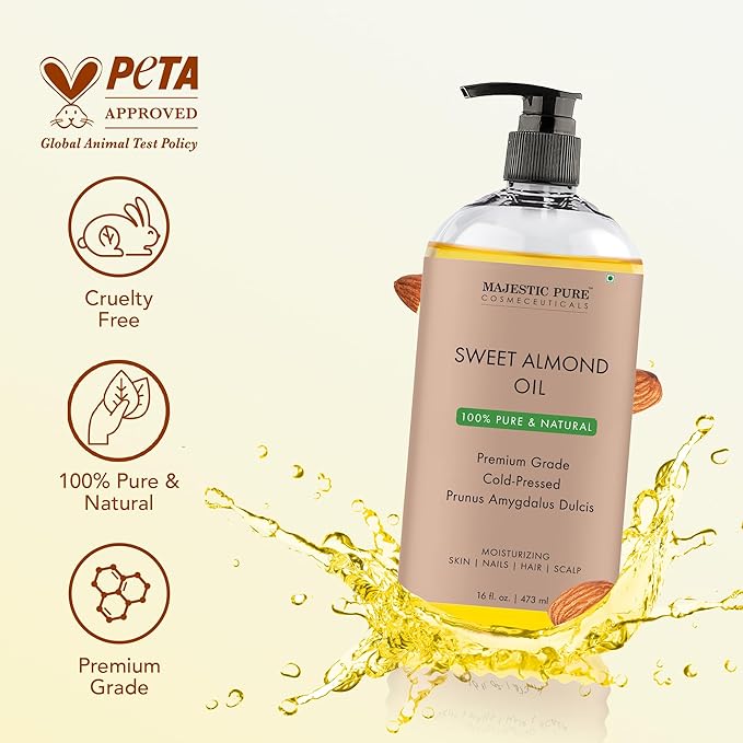 MAJESTIC PURE Sweet Almond Oil, Triple A Grade Quality, Pure and Natural from Spain, Cold Pressed, (Packaging May Vary) - 16 fl. Oz