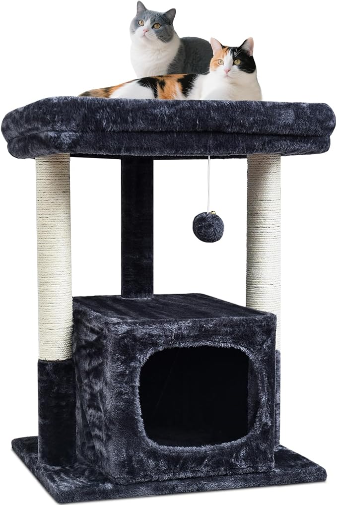 SYANDLVY 27IN Cat Tree for Indoor Cats Large Adult, Modern Activity Tower | Scratching Posts, Condo with Plush Perch, Climbing Stand with Spring Ball for Play, Smoky