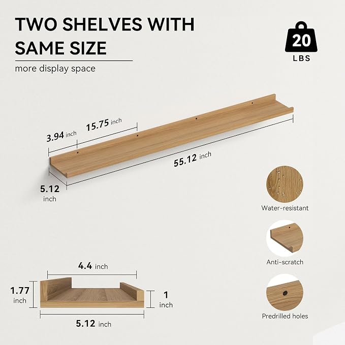 Boswillon Floating Shelves Set of 2, Long Wall Shelf with Lip, 56in, Oak | Display Ledge Shelf for Room Wall, Wall Decor Shelves for Bathroom, Living Room, Bedroom, Kitchen, Nursery Room, Rustic, Wood