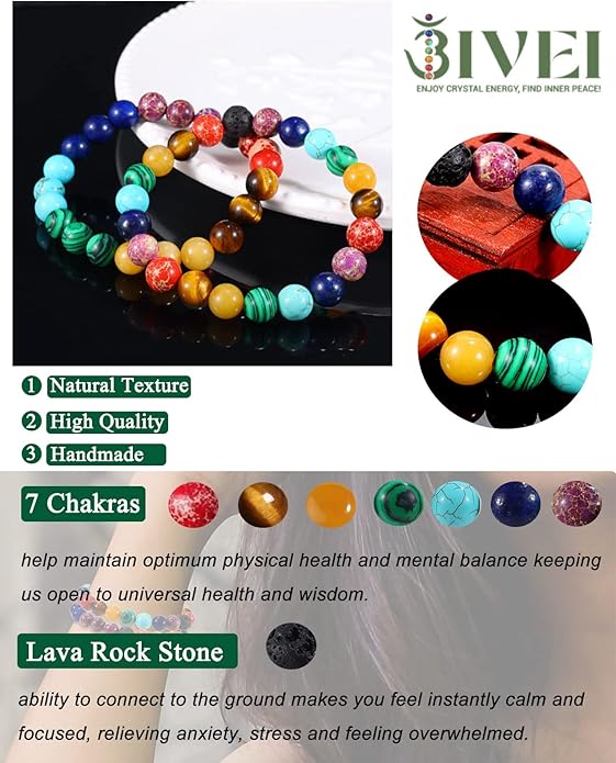 Bivei Natural Gemstone Semi Precious Healing Crystals Handmade Stretchy Round Beads Bracelet,Stocking Stuffers for Women Enhance Positive Energy