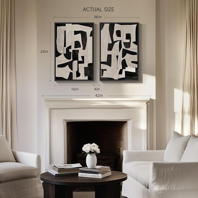 Framed Black and Beige Abstract Wall Art, 2 Piece Canvas Prints Paintings Artwork for Walls, Modern Minimalist Abstract Pictures for Living Room Hallway Bedroom Office Bathroom Wall Decor 16x24 In