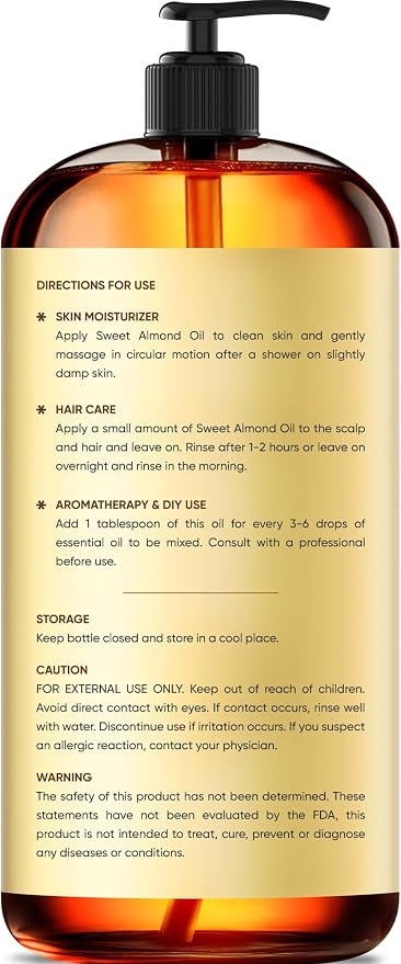 Brooklyn Botany Sweet Almond Oil | 16 Fl Oz | Hair | Face | Body | 100% Pure and Natural | Carrier Oil | Aromatherapy | Massage | Ayurvedic Hair Care | Hexane-Free