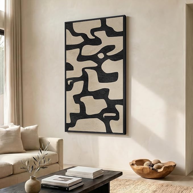 Large Framed Neutral Abstract Wall Art, Black Beige Mid Century Modern Vertical Canvas Prints Paintings Artwork for Walls, Organic Pictures Wall Decor for Hallway Living Room Bedroom Office, 30x60 In