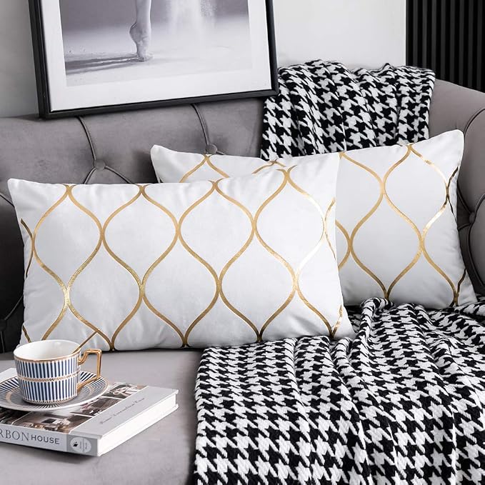 Gold Velvet Throw Pillow Covers Off White: 2 Pack 12x20 Inch Rectangular Decorative Pillow Cases for Bedroom Sofa Couch Living Room