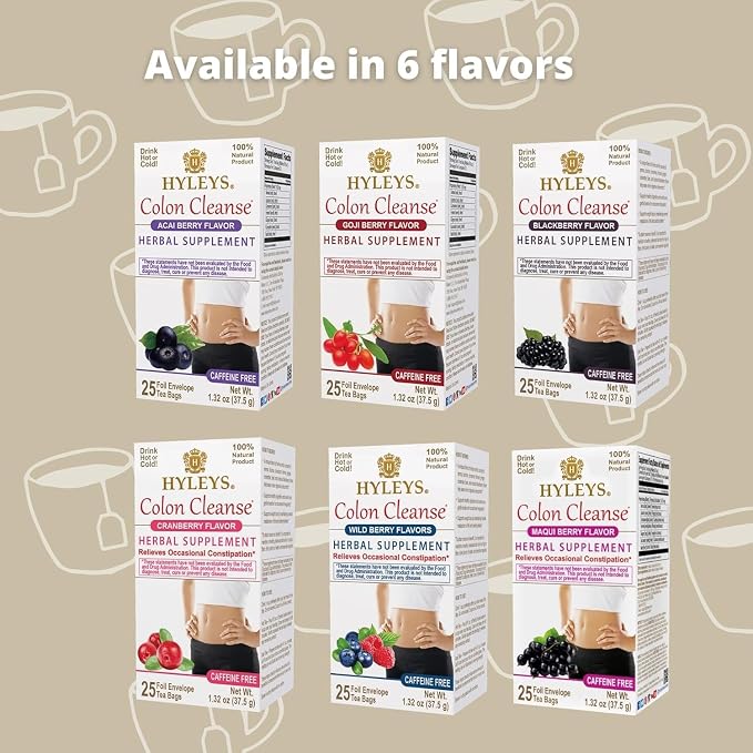 HYLEYS Colon Cleanse Tea, Goji Berry Flavor - 300 Individually Wrapped Herbal Tea Bags (12 Pack of 25) - Caffeine Free, Vegan
