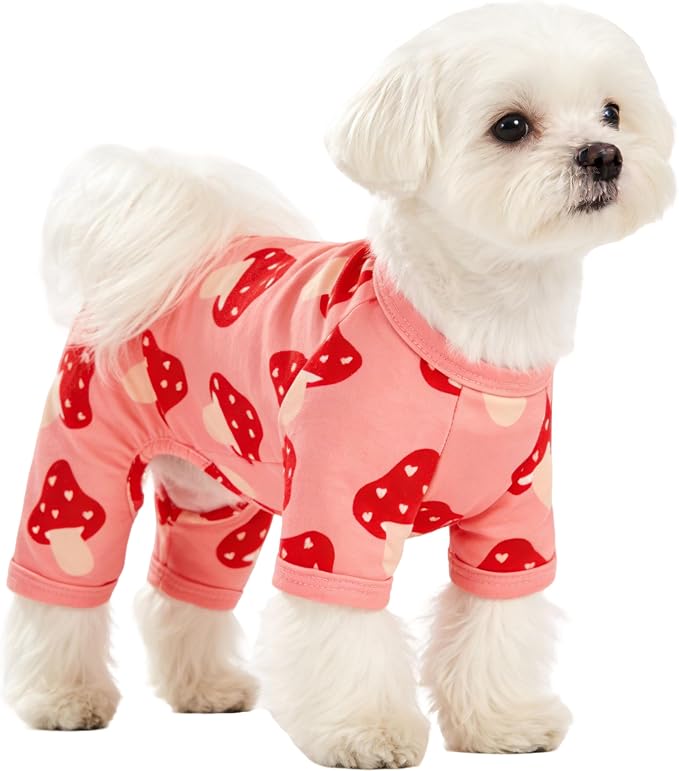 Dog Pajamas Summer Cute Print Puppy Jumpsuit Thin Dog Onesie Small Dog Clothes with Comfy & Elastic Frbic Puppy Pjs(Peach Mushroom, Large)