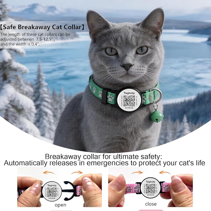 Smart QR Code Cat Collar 2-Pack - Digital Pet ID Tag with Breakaway Safety Design, Reflective Strips & Adjustable Fit for Lost Cat Recovery (Red & Green)