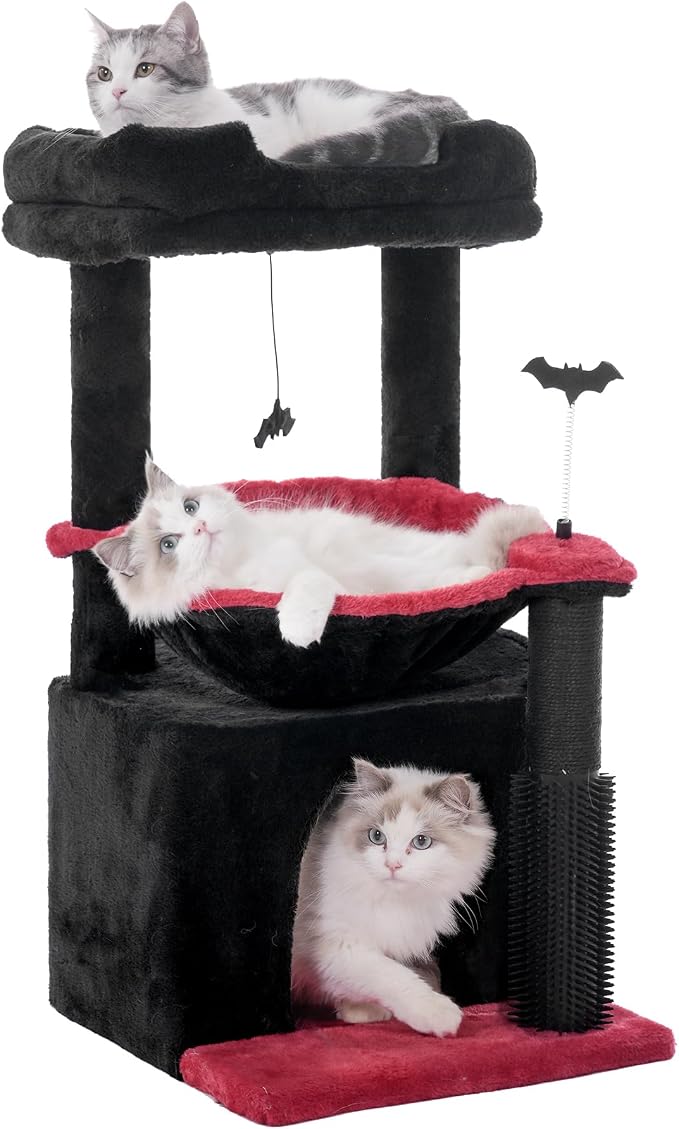 Cat Tree 32” Small Cat Tower with Large Hammock 16”& Self Groomer | Gothic Cat Tree with Hammock 16” Dia, Removable Bed, Scratching Post & Self Groomer Small Cat Tree for Indoor & Adult Cats